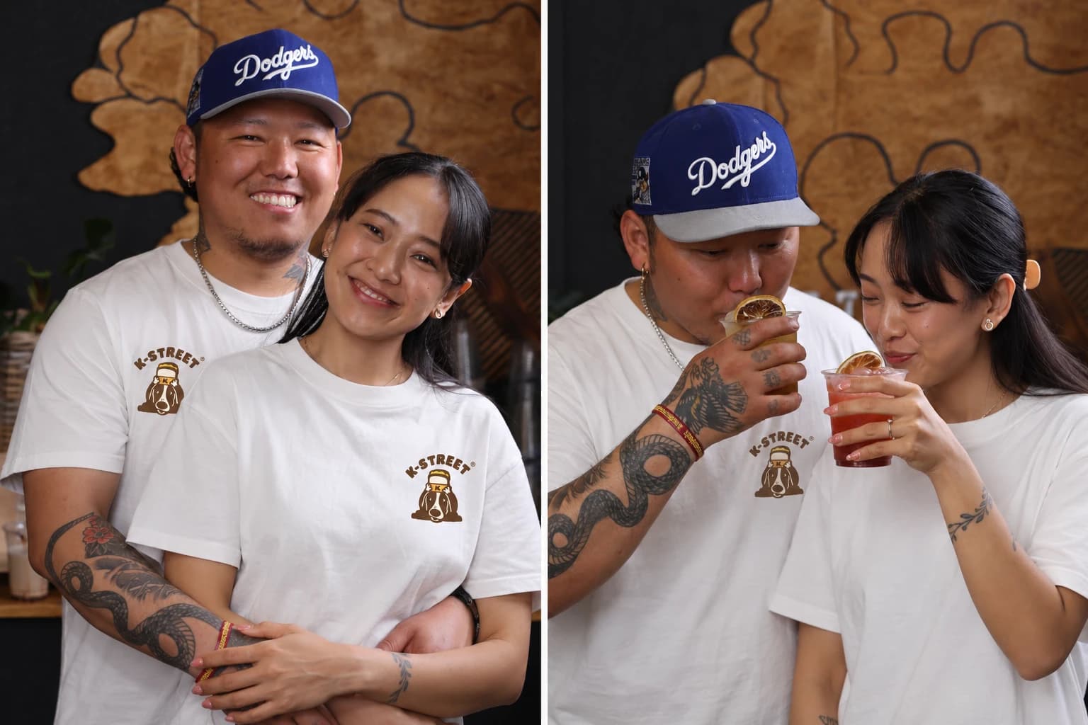 Founders Tenzin and Ugyen in K-STREET shirts at the shop, hugging and sharing drinks