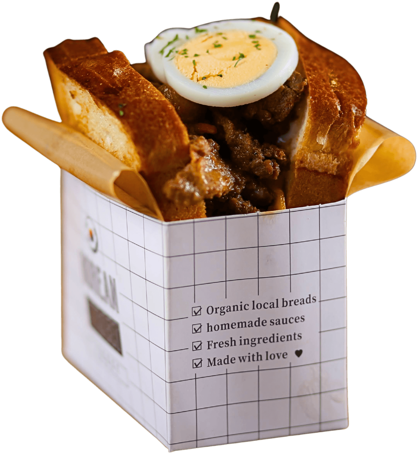 K-STREET toast with bulgogi beef and a boiled egg in its Korean Street Toast sleeve